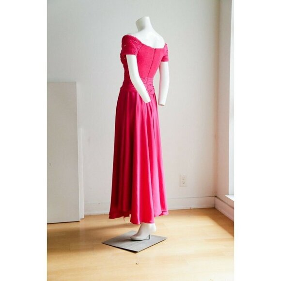 Vintage Pink  Gathered Ruched Bodice Off The Shoulder Chiffon Gown w rhinestones - Picture 8 of 12